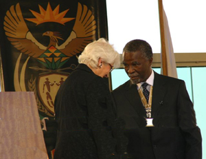 Edna Freinkel being awarded the Order of the Baobab by South African President,  Thabo Mbeki on June 16th, 2004
